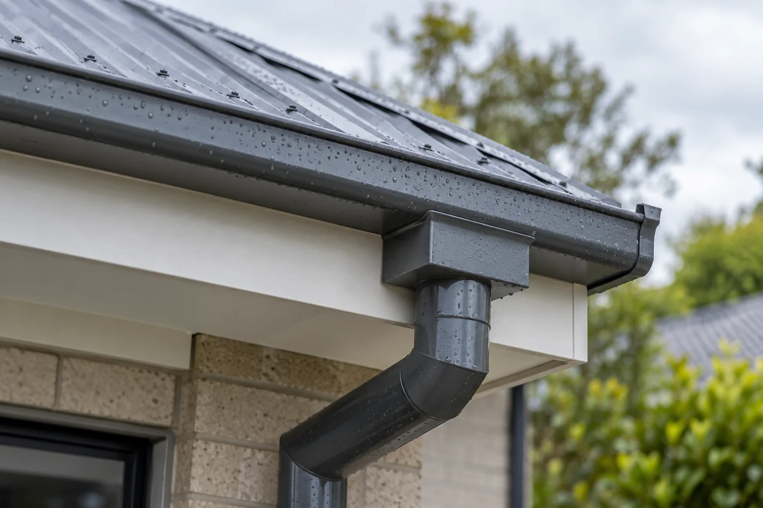 Dark grey metal gutter and downpipe connection on an Australian home